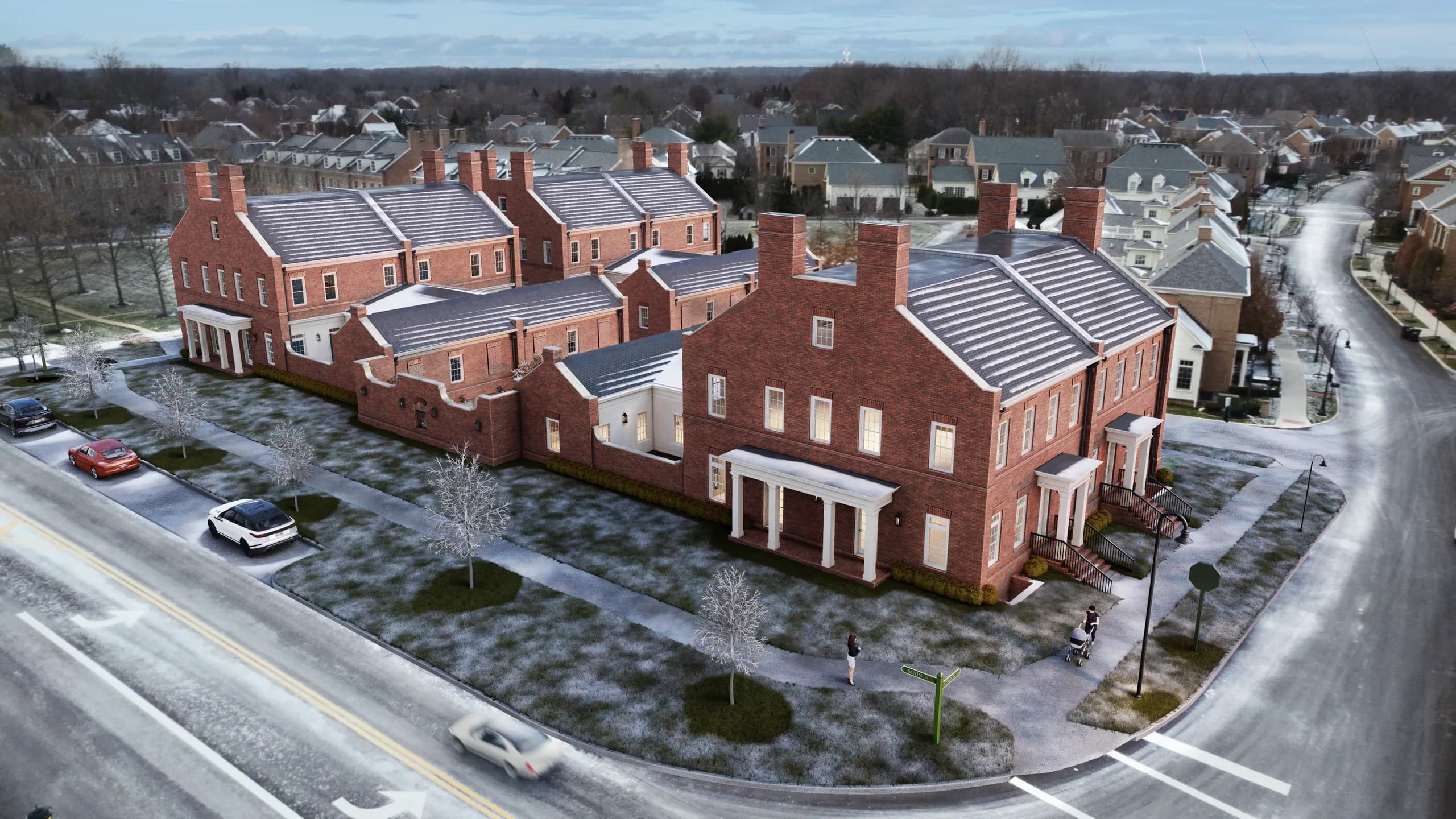Blue-hour aerial of Richmond Square Grand Residences with the New Albany village beyond
